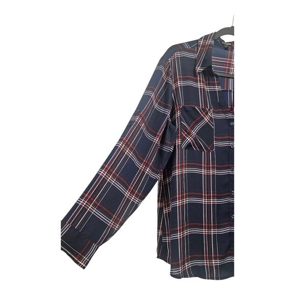 Express Womens XL Blouse Blue Plaid V-Neck Collar Roll Tab Sleeves Button-Up - Picture 4 of 8